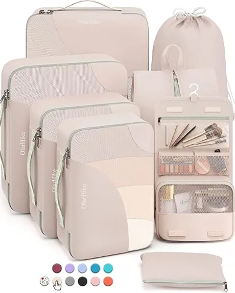 10 Set/8 Set-Packing Cubes for Travel, Sturdy Suitcase Organizer in 4 Size(Extra Large, Large, Medium, Small), OlarHike Luggage Cubes with Toiletry Bag, Travel Essentials, Cruise Ship Gifts for Women - 8 set - Cream - 8 set (Short-Term Trip)