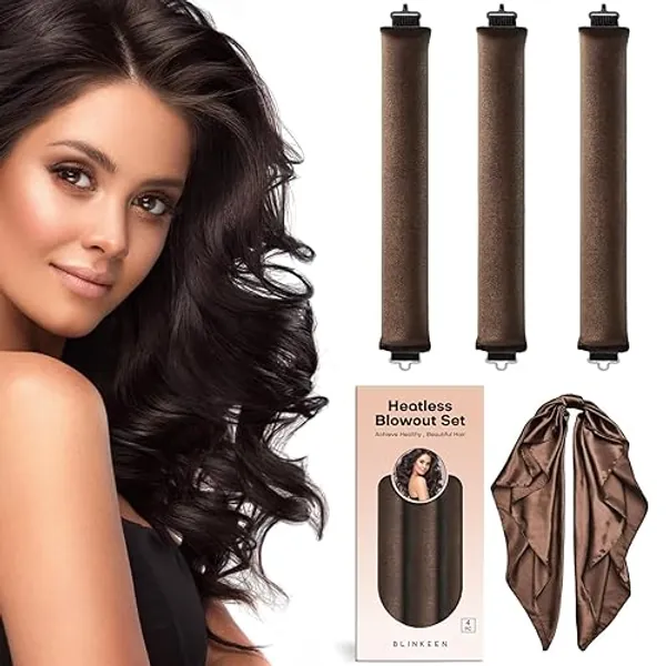 BLINKEEN Jumbo Heatless Hair Curler,Velvet Rods with Hook for Blowout Curls, Overnight Hair Curling Set for All Hair Types, No Heat Curlers with Scarf - Brown