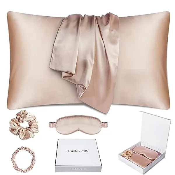 100% Mulberry Silk Pillowcase for Hair and Skin - 22 Momme 6A Silk Pillowcases Queen Size (20" x 30") with Envelope Closure, Silk Sleep Mask, and 2 Silk Hair Ties Set - Taupe