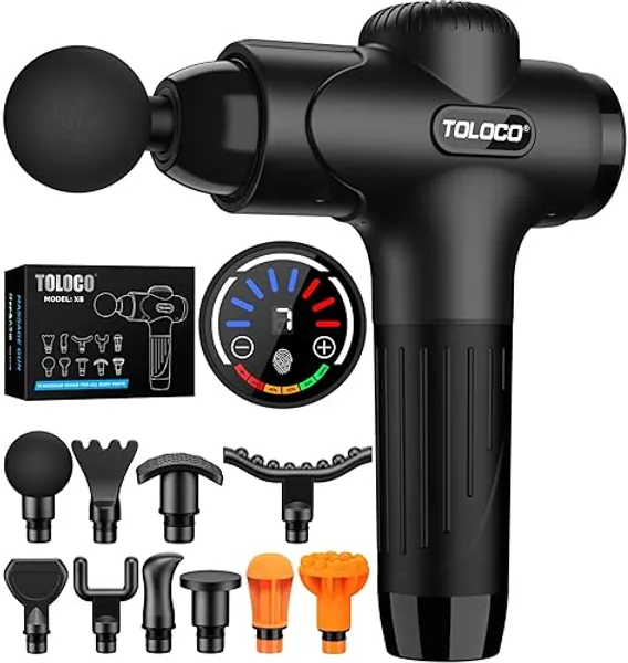 TOLOCO Massage Gun, Massage Gun Deep Tissue, Percussion Massage Gun with 10 Replacement Heads, Super Quiet Portable Electric Massager for Athletes, Relax, Black - Black