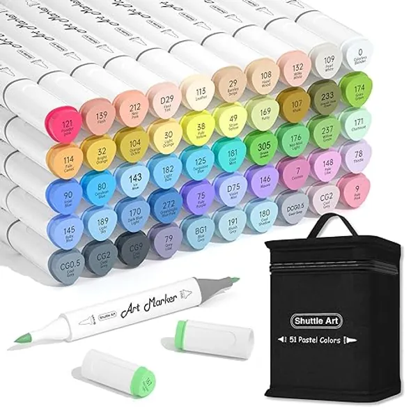 Shuttle Art Pastel Alcohol Markers Brush tip, Dual Tip Brush & Fine Tip Art Marker Set, 50 Colors plus 1 Blender Marker Pens with Case Perfect for Illustration Kids Students Adults Coloring Sketching