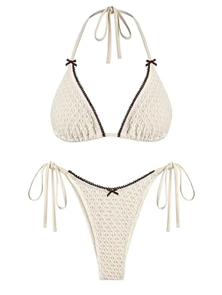 ZAFUL Women's Sexy Halter Bikini Sets Bow Decor Tiny Floral Print Bikini Swimsuits Tie Side Triangle Bathing Suits - Small - 1-apricot