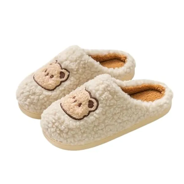 eaonitu Cozy Bear Slippers Comfy Autumn Winter Slippers, Fuzzy Plush Winter Indoor Outdoor Cartoon - 7 - White