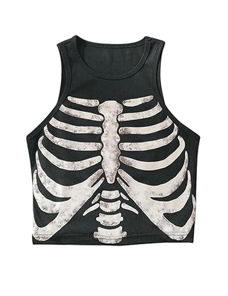 Y2K Skeleton Graphic Print Aesthetic Crop Tank Top Sleeveless Ribbed Knit Grunge E-Girl Goth Cropped Vest Tops