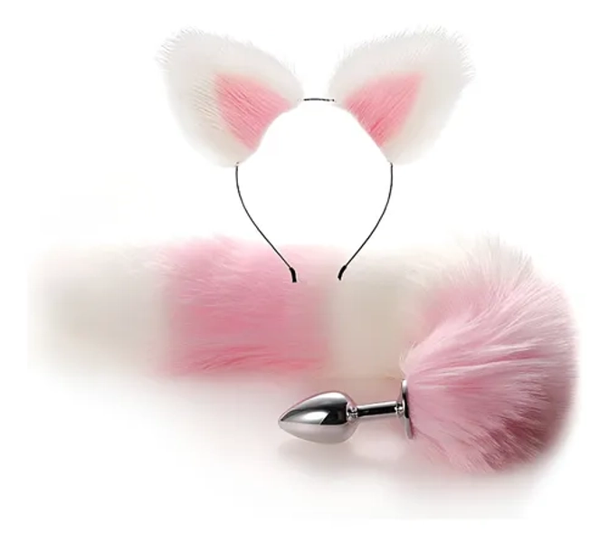 Kit Fantasia Bdsm Raposa Plug Anal Com Cauda Rosa E Branco Preto