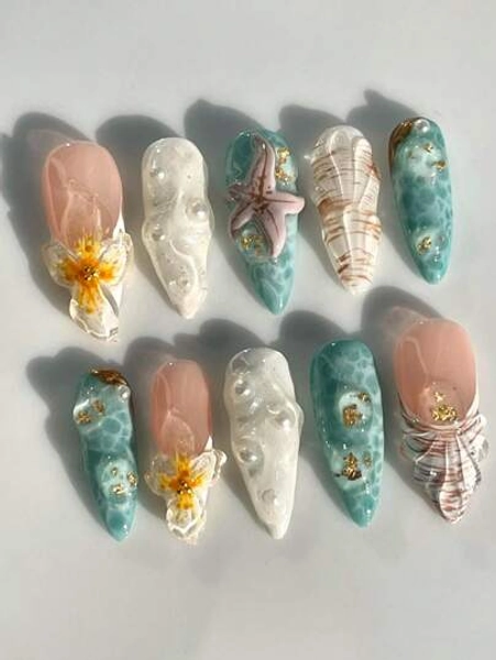 10pcs Set Almond Shape Hand Crafted 3D Ocean Summer Floral Decor Nails, Featuring Starfish, Pearl, Seashell, Suitable For All Ladies & Girls, Everyday Matching, Gift Press On Nails