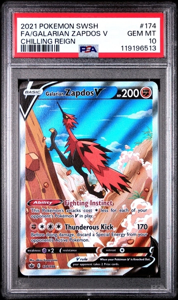 2021 POKEMON SWORD & SHIELD CHILLING REIGN FULL ART/GALARIAN ZAPDOS V PSA 10