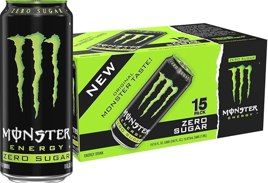 Monster Energy Zero Sugar, Green, Original, Low Calorie Energy Drink, 16 ounce (Pack of 15) - zero sugar - 15 Pack