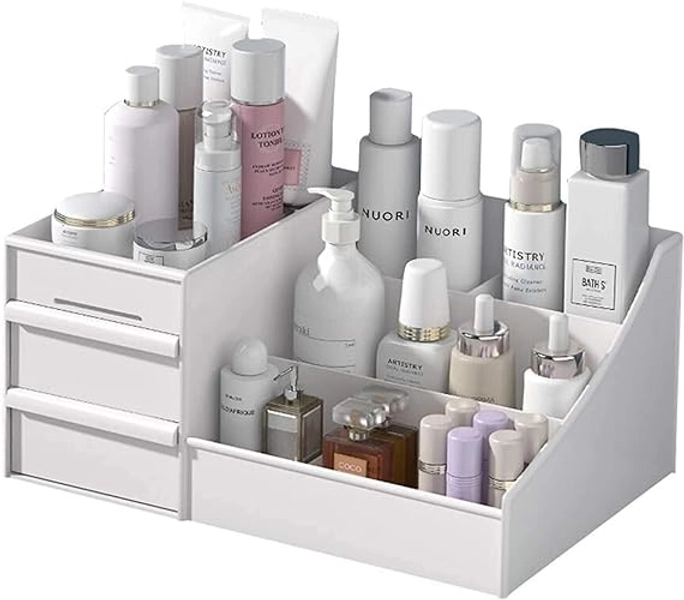Simbuy Makeup Organizer With Drawers — Countertop Organizer for Cosmetics, Vanity Holder for Lipstick, Brushes, Lotions, Eyeshadow, Nail Polish and Jewelry (White)