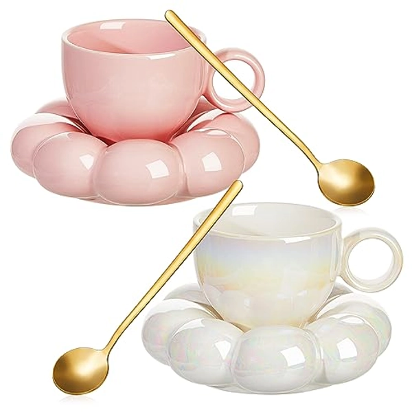 2 Pieces Ceramic Cloud Mug Cute Cup with Coaster 7oz Cute Ceramic Coffee Mug with Saucer Set for Office Home Coffee Tea Latte Milk, Pink and Pearl White (Sunflower)