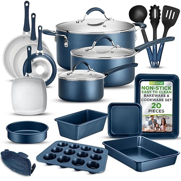 NutriChef Professional 20 Pc Kitchen Set in Navy Blue - Durable Non-Stick Pots and Pans with Bakeware Set, Compatible with Any Cooktop, Easy Clean, Cool-Touch Handles