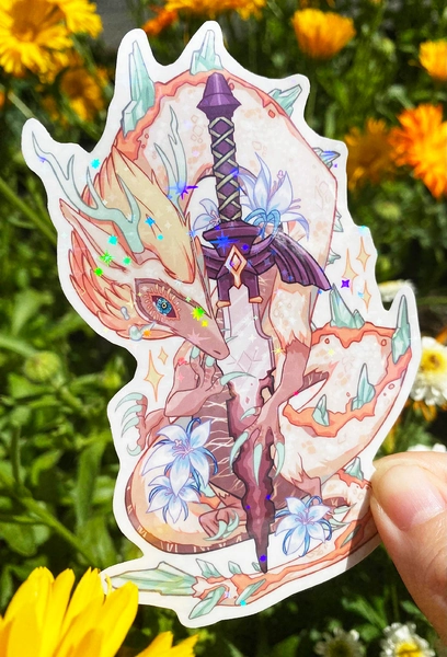 Jumbo Zelda Tears of the Kingdom Inspired Dragon and Sword Sparkling Holo Sticker