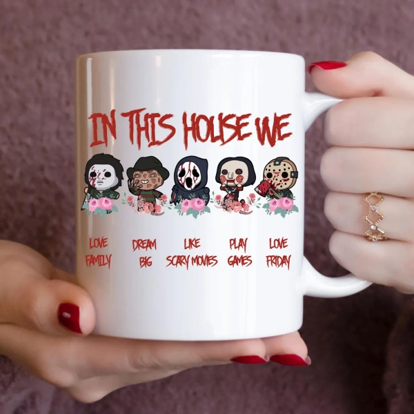 Horror Movie Characters Halloween Mug, in This House Design, 11oz Halloween Mug, Trick or Treat Coffee Cup, Horror Film Lover Gift, - Etsy Ireland