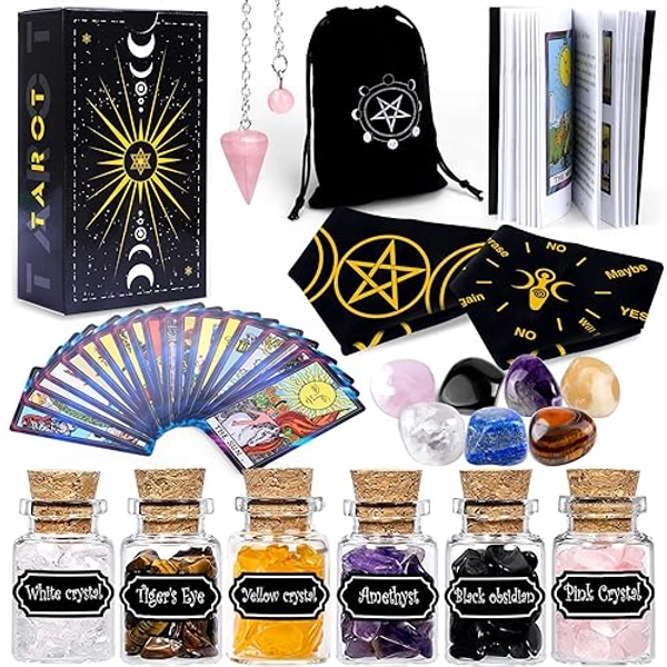 YixangDD Tarot Cards with Guide Book 18 Pcs Include 1 Deck of 78 Cards 、6 Mini Crystal Jars，7 Chakra Stones,1 Spirit Pendulum，1 Cloth ，1Goddess of Earth Pendulum mat，1 Velvet Bag