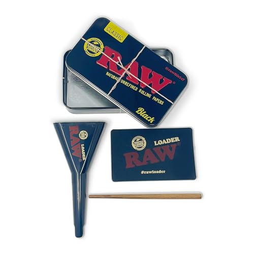 RAW Pre Rolled Cone Loader: 1-1/4 Size, King, & 98 Special Mess Free Perfect Cone Packer – 5 Piece Kit – Static Free Scoop Card, Funnel, & Packing Tool, RAWthentic Tin