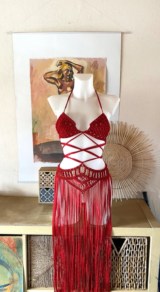 Red macrame festival dress with gold beads, Burning man outfit, outfit women set, Festival Clothing woman, Belly dance costume