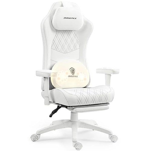 Dowinx Gaming Chair with Heated Massage Lumbar Support,Ergonomic Computer Chair with Pocket Spring Cushion,Reclining Game Chair with Adjustable Padded Armrests and Footrest,White
