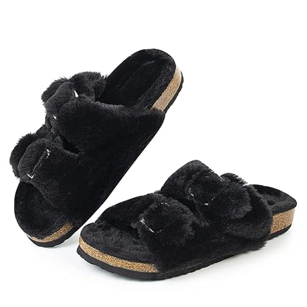 FITORY Womens Open Toe Slipper with Cozy Lining,Faux Rabbit Fur Cork Slide Sandals Size 6-11