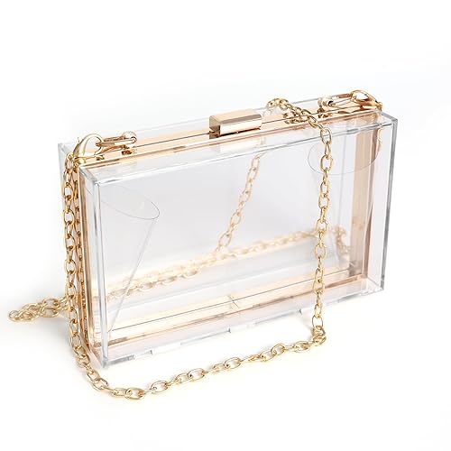 WJCD Women Clear Purse Acrylic Box Clutch Handbag, Small Transparent Crossbody Evening Bag Stadium Approved Gold Chain Strap - Gold