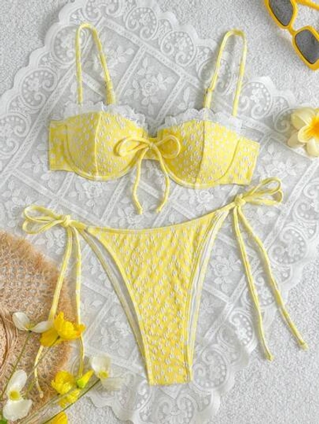 Bikinx Biquíni amarelo-manteiga doce e sexy com estampa floral e renda, conjunto de biquíni com aro para férias na praia