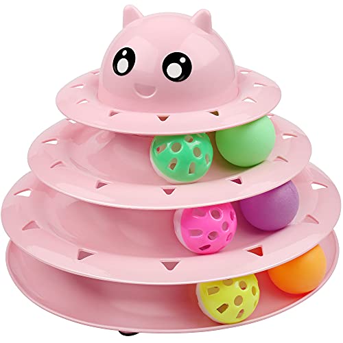 UPSKY Cat Toy Roller 3-Level Turntable Cat Toy Balls with Six Colorful Balls Interactive Kitten Fun Mental Physical Exercise Puzzle Toys. - A-Pink