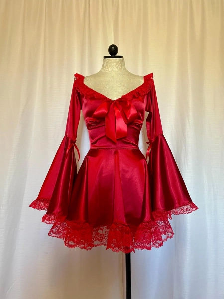 The Eliza Dress- Vintage Inspired Satin Babydoll Dress: Bell Sleeves, Ruffled Lace