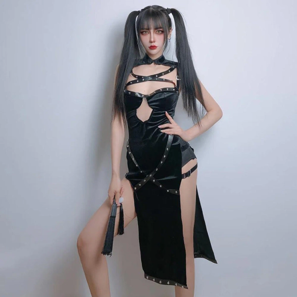Black Punk Rivet Bondage Cosplay Dress