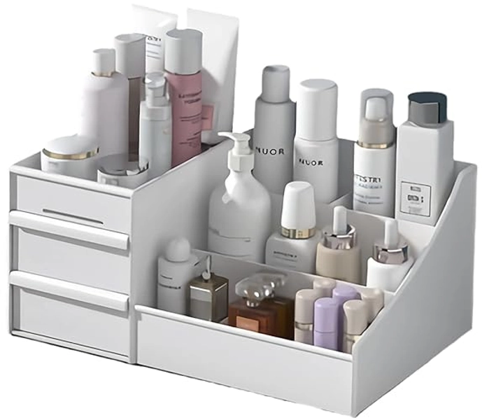 XIOU Makeup Desk Organizer with Drawers - Countertop Organizer for Cosmetics, Vanity Holder for Lipstick, Brushes, Lotions, Eyeshadow, Nail Polish and Jewelry (White)