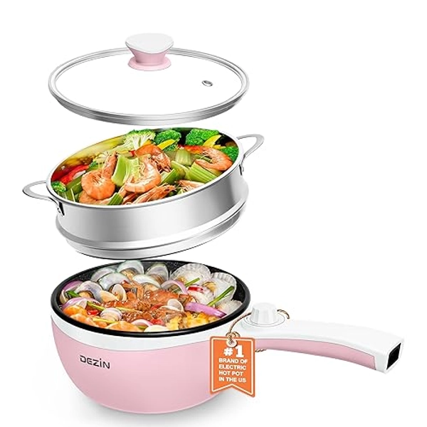 Dezin Hot Pot Electric with Steamer Upgraded, Non-Stick Sauté Pan, Rapid Noodles Electric Pot, 1.5L Mini Pot for Steak, Egg, Fried Rice, Ramen, Oatmeal, Soup with Power Adjustment (Egg Rack Included)