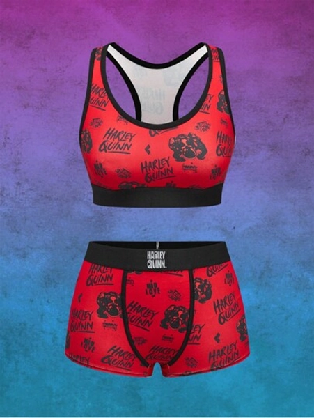 Harley Quinn | ROMWE Cartoon Character & Letter Print Sports Bralette & Boyshorts Set, Racerback Design Without Steel Rings