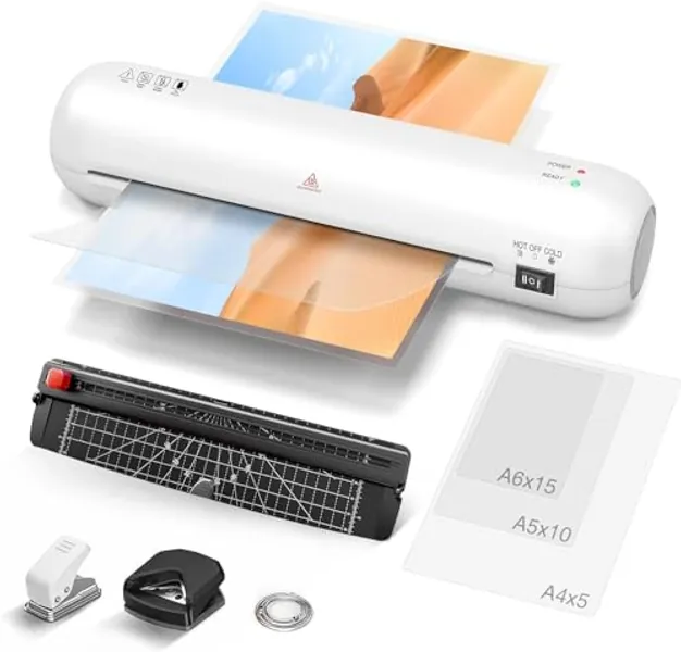 Laminator, A4 Laminator Machine, 9 Inch with 6 in-1 Personal Desktop Laminator Hot & Cold Laminator Kit with Laminating Sheets 30pcs, Fast Warm Laminator for Office, School, Home, Business-White