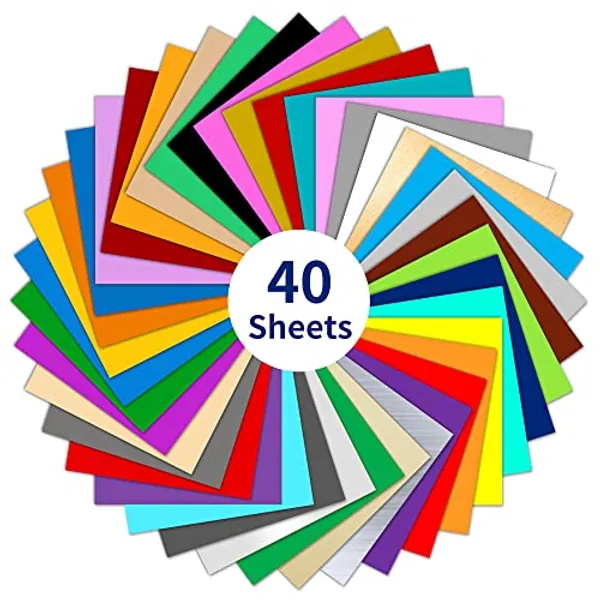 IModeur Permanent Adhesive Backed Vinyl Sheets (40 Packs, 12"x12") - 40 Assorted Glossy Colors Adhesive Vinyl Sheets for All Kinds of Cutting Machines