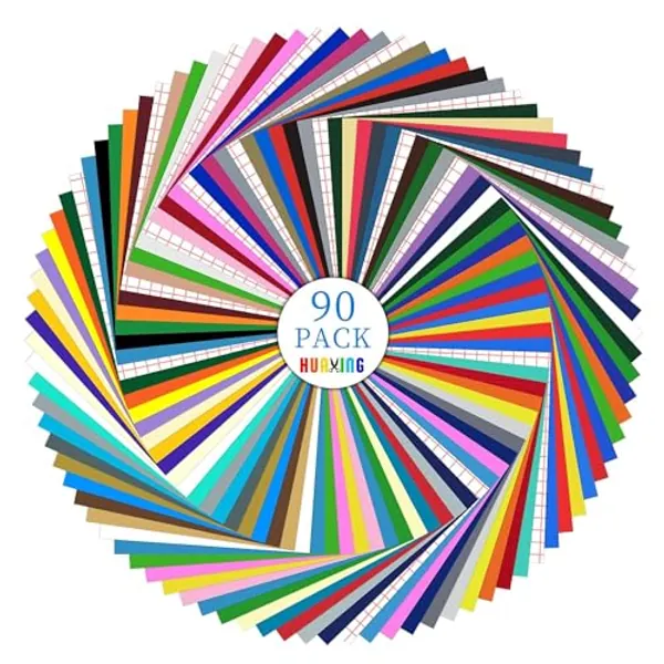 Huaxing Permanent Adhesive Vinyl Bundle - 90 Pack Vinyl Sheets (12”x12”, Glossy, Matte, Metallic) for Most Cutting Machines and Party Decoration, Sticker, Craft Cutter, Car Decal
