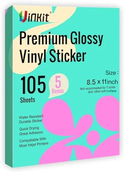 Uinkit 105 Sheets Premium Printable Vinyl Sticker Paper for Inkjet Printer Cricut,included 100Sheets Glossy and 5Sheets Transparent Label Waterproof Adhesive Dries Quickly Tear-Resistant, Removable