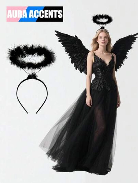 6PCS/3PCS/2PCS/1PC Halloween Feather Angel Halo Headbands, Polyester, Spooky Chic Style, Women's Cosplay Accessories, Anti-Slip Headband, Black Gothic Feather Design, For Halloween Party Dress-Up & Costume, Women's Fashion Accessories, Anti-Slip Design, Color Block Print, No Feathers, For Dress-Up And Costume, Black Gothic Design, Polyester, Women's Party Headband For Cosplay, Dress-Up & Costume Accessories