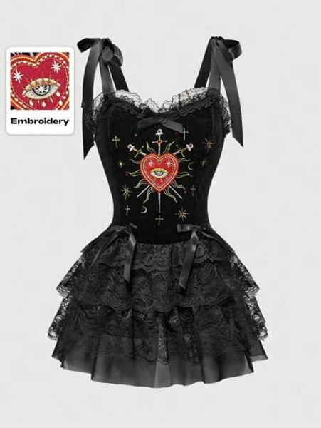 ROMWE Goth Gothic Retro Palace Style Heart Eyes Star Moon Embroidered Rhinestone Contrast Color Lace Trim Women Velvet Camisole Lace Up Dress