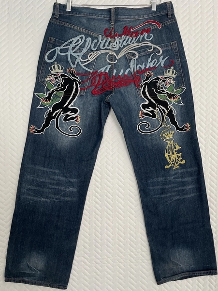 Ed Hardy Christian Audigier Jeans 38x34 Panther King Embroidery Y2K VTG