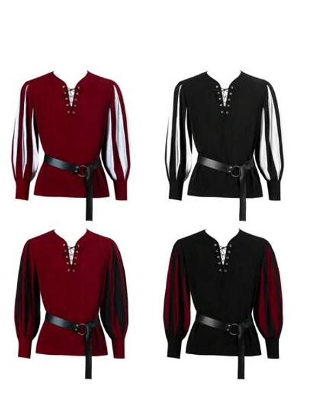 1set Retro Medieval Drama Costume For Halloween Cosplay, Including 1 Top And 1 Belt, Colorblock Lace-Up Shirt Collar