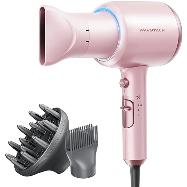 Wavytalk Hair Dryer with Diffuser, Blown Away Ionic Blow Dryer for Curly Hair with Comb, 1875W Fast Drying Hair Dryer with Ceramic Technology, 3 Attachments for All Hair Types, Light and Quiet, Pink