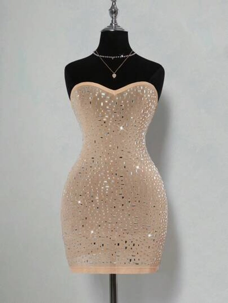 SHEIN ICON Figurbetontes Damenkeid mit glitzernden Strass-Applikationen und transparenten Einsätzen, glamourös