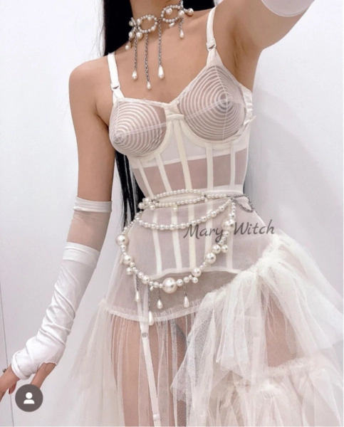 Custom White Mesh underbust corset with suspenders. 