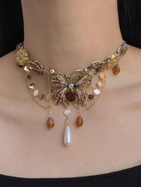 gold brown butterfly necklace
