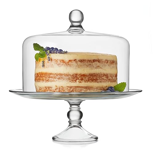 Libbey Selene Glass Cake Stand with Dome Lid, Elegant Curved Footed Glass Cake Holder, Covered Cake Stand, Versatile Glass Dome - Glass Cake Stand with Dome Clear