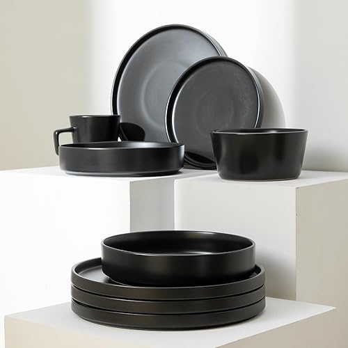 Stone Lain Coupe Dinnerware Set,16 Piece, Service For 4, Black Matte & Celina Stoneware 4-Piece Round Pasta Bowl Set, Black,4 QUARTS - Dinnerware Set + Bowl Set - Service For 4 - Matte Black