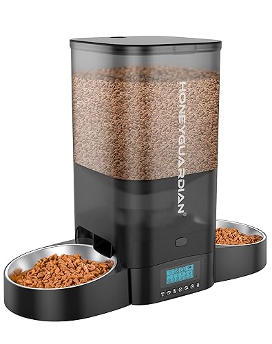 HoneyGuaridan 5L Automatic Cat Feeder for Two Cats, Cat Food Dispenser with Stainless Steel Bowl,Timed Cat Feeder Programmable 1-6 Meals Control, Dual Power Supply,Desiccant Bag,10s Meal Call Black - 5L - Black
