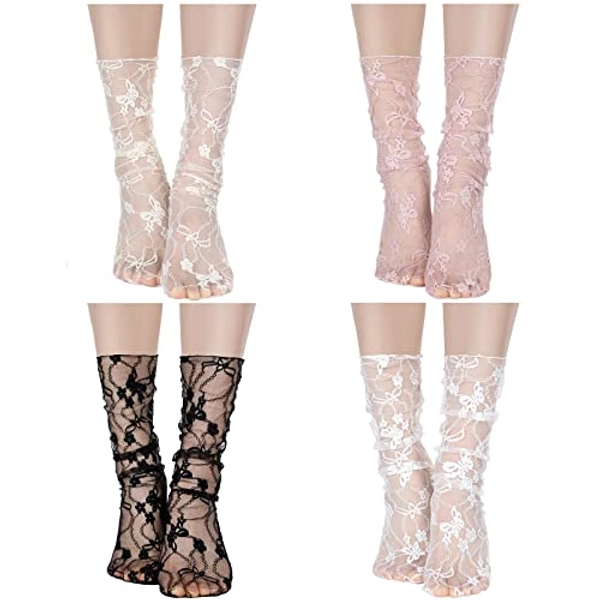 Bencailor 4 Pairs Women Sheer Slouch Socks Lace Socks Mesh Socks Novelty Decorated Socks Nylon Socks Loose Ankle High