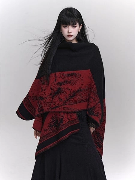 [$26.00]Red & Black Gothic Ethnic Illustration Poncho