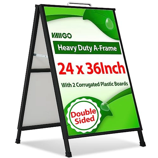 VAIIGO A Frame Sidewalk Sign 24 x 36 Inch Outdoor, Double-Sided Folding Sandwich Board with Handle, Heavy Duty Metal Slide-in A-Frame for Business, Advertising, Party, with 2 Corrugated Plastic Boards