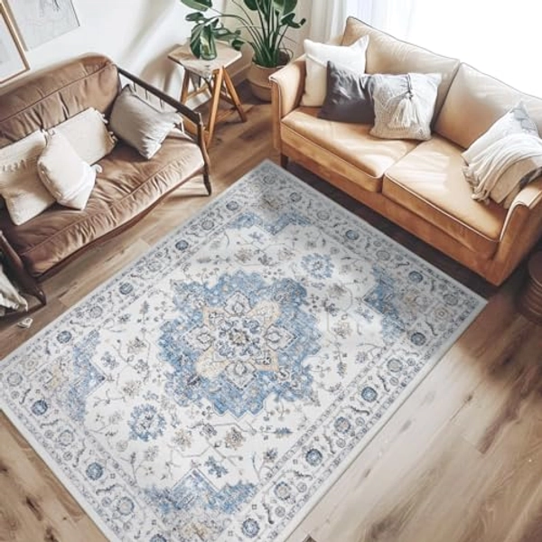 jinchan Area Rug 5x7 Vintage Washable Rug Floral Medallion Rug Non Slip Thin Retro Rug Classic Rug Soft Boho Rug Floor Cover Farmhouse Carpet for Living Room Bedroom Dining Room Kitchen Blue