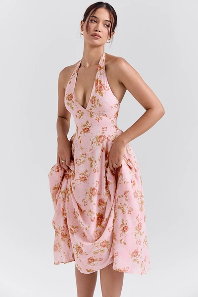 Solada English Vintage Rose Print Georgette Halter Sundress